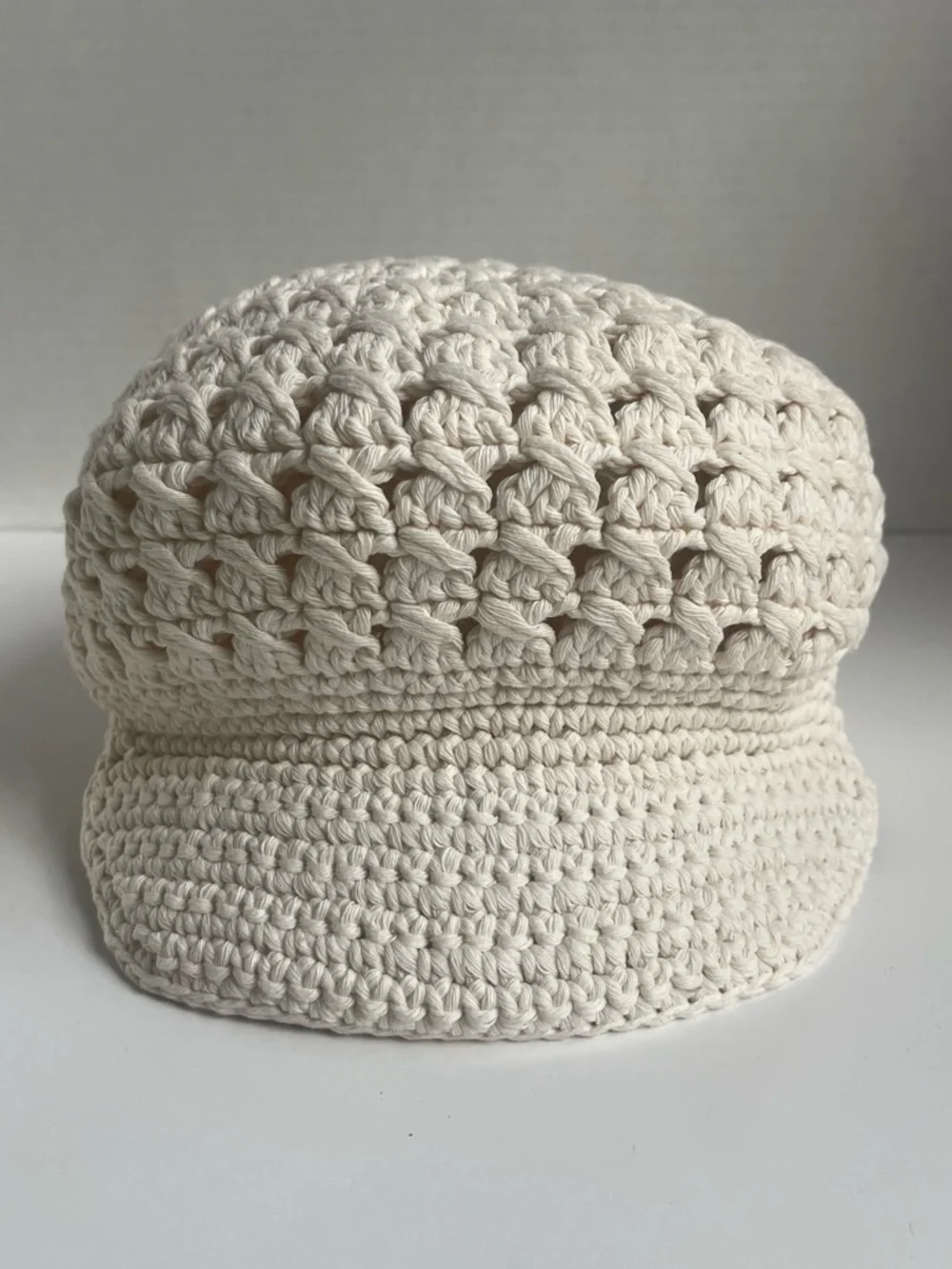 Hand-Crocheted Cream Newsboy Cap with Brim